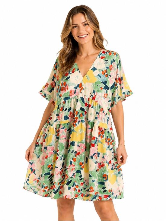 entro Dresses & Skirts - Entro Floral Tiered Babydoll Dress SZ L Watercolor Print V Neck Boho Cottagecore